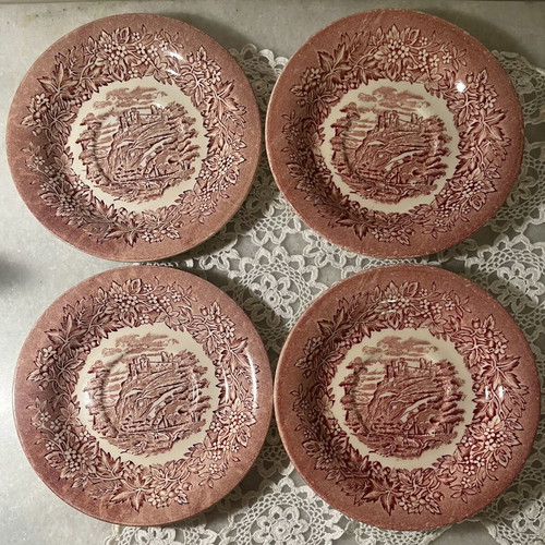 Set of 4 vintage English Ironstone transferware plates, red-white
