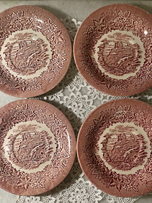 Set of 4 vintage English Ironstone transferware plates, red-white
