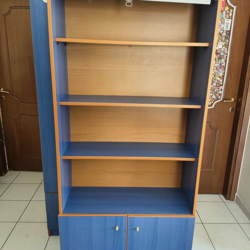 Bookcase with Shelves, Cabinet & Roller Blind used, blue and wood