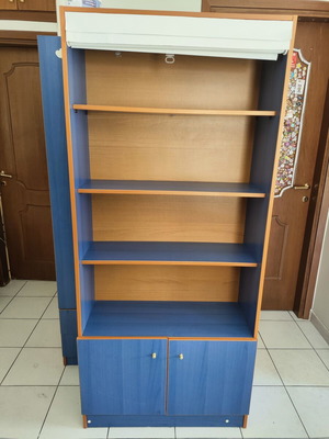 Bookcase with Shelves, Cabinet & Roller Blind used, blue and wood