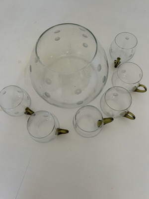Crystal punch set used, 1 bowl and 5 cups