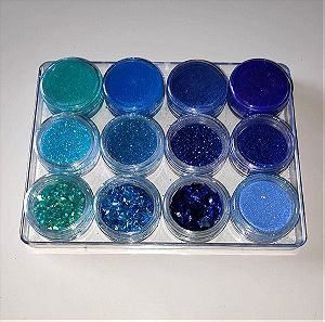 SET 7- Nail Art Decoration 12 Blues Glitter-Sparkles-Flakes-Dust-Fibers