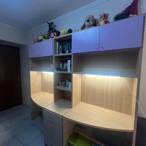 Modecco bunk bed with cupboard, hidden third bed and two-seat desk bookshelf