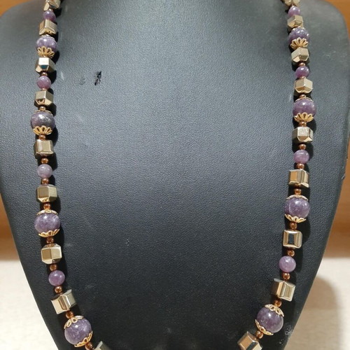 Necklace with Lepidolite and Hematite in 925 Silver, over 60 cm, new