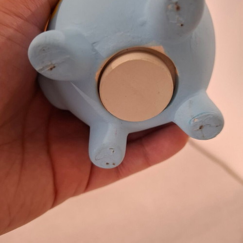 Decorative piggy bank used, blue with flowers and bees, 7.5 cm