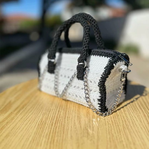 Handbag black and white handmade with silver details