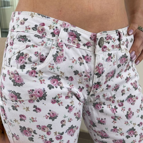 Floral Skinny Jeans with Pink and Purple Rose Print used