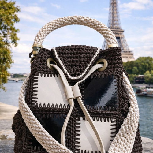 Urban Geometry Handmade Bucket Bag in Dark Brown and Ecru