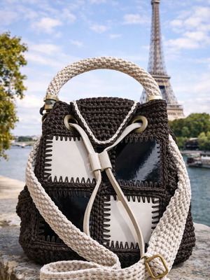 Urban Geometry Handmade Bucket Bag in Dark Brown and Ecru
