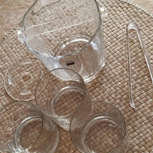 Sasaki glass ice container and 3 used whiskey glasses