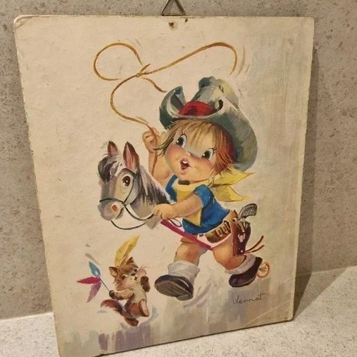 Vintage 1960s Children's Wall Plate with Cowboy Illustration Signed Vernet