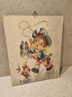 Vintage 1960s Children's Wall Plate with Cowboy Illustration Signed Vernet