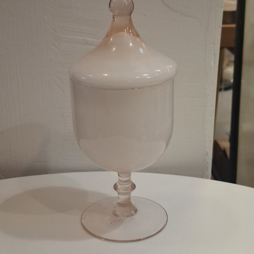 Vintage glass apothecary jar with lid and foot, pink opaline, like new