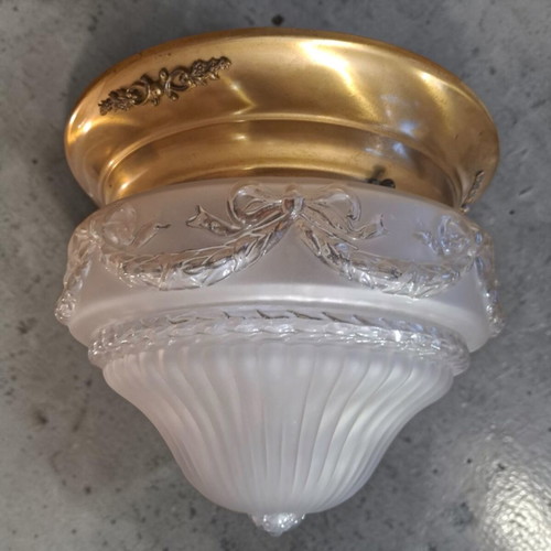 Ceiling light like new with brass base and satin glass