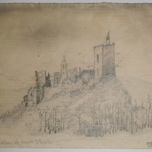 Pencil drawing by Theodoros Grivas, Saint Ulrich Castle, used
