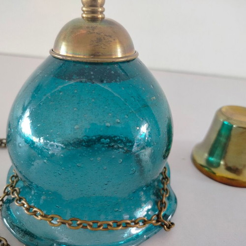 Hanging Oil Lamp Used, Free Blown Glass with Metal Chain