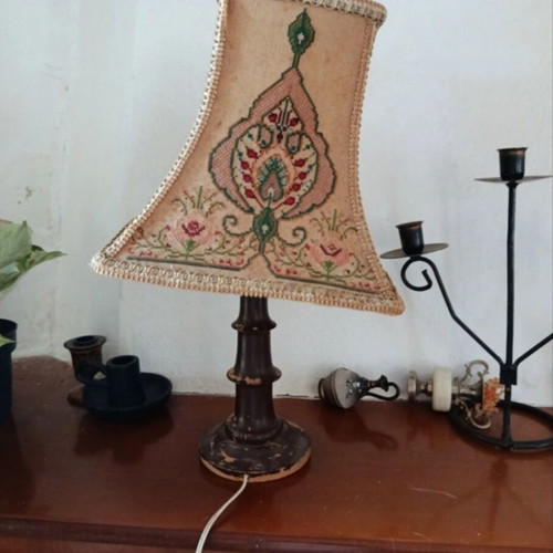 Vintage table lamp with wooden base and embroidered shade