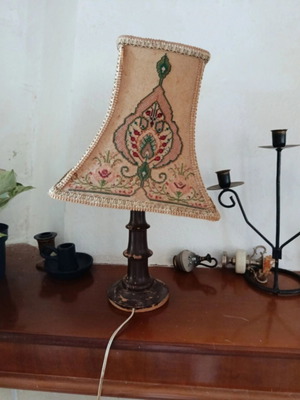 Vintage table lamp with wooden base and embroidered shade