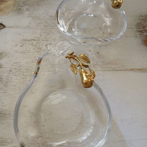 Vintage glass bowls shaped like pears with brass fruit detail, like new