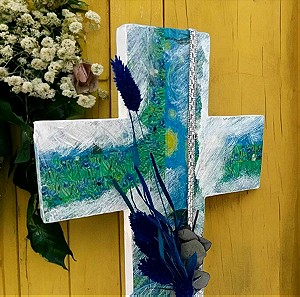 Μεγάλος Ξύλινος Σταυρός Με Σχέδια Από Έργα Ζωγράφων & Αποξηραμένα Λουλούδια! Γαλάζιος