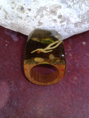 Handmade ring with wooden and cold glass, size 58, like new