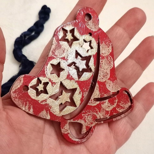 Wooden bell elements used, set of 2, blue and red with silver details