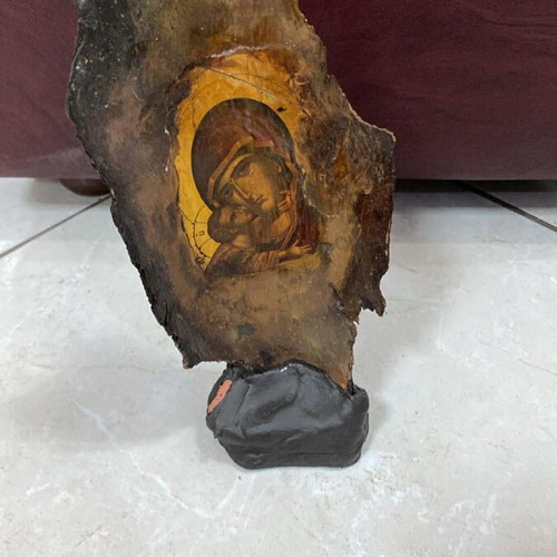 Handmade wooden icon on clay base with Virgin Mary and Christ new
