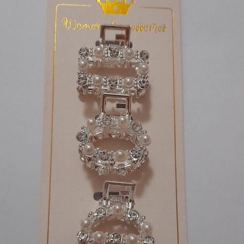 Hair accessory set of 3 metal mini clips with pearls and rhinestones