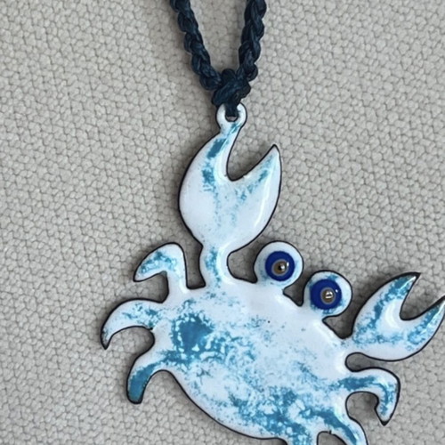Handcrafted enamel crab pendant necklace with fixed cord, new