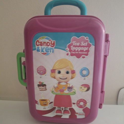 Toy Kitchen Set like new with tea set luggage and utensils