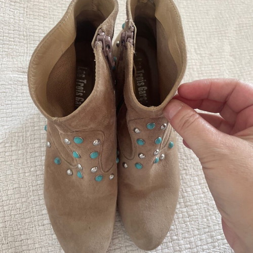 Les Trois Garcons handmade ankle boots 37 suede cigar color with silver and turquoise details