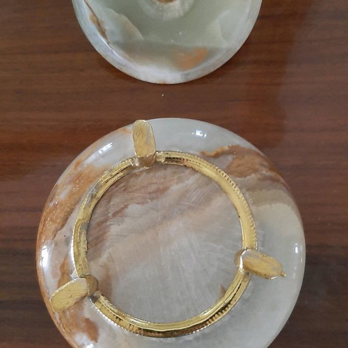 Decorative item used, green onyx with gold legs and handle