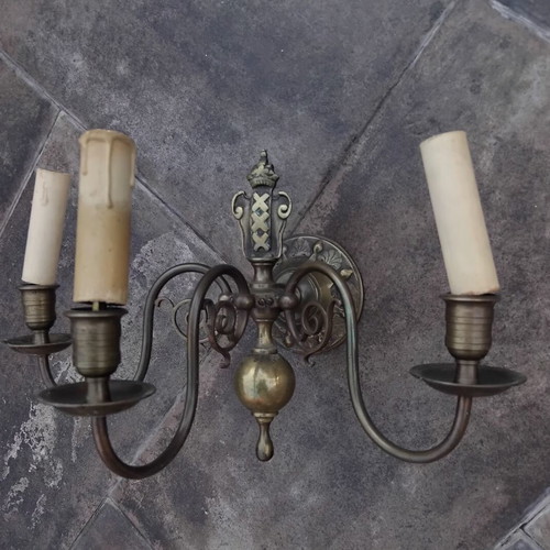 Vintage brass wall lights pair, three-light Amsterdam XXX design, used