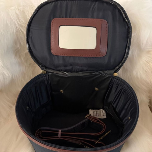 Toiletry bag cosmetic case new, blue fabric and brown leatherette