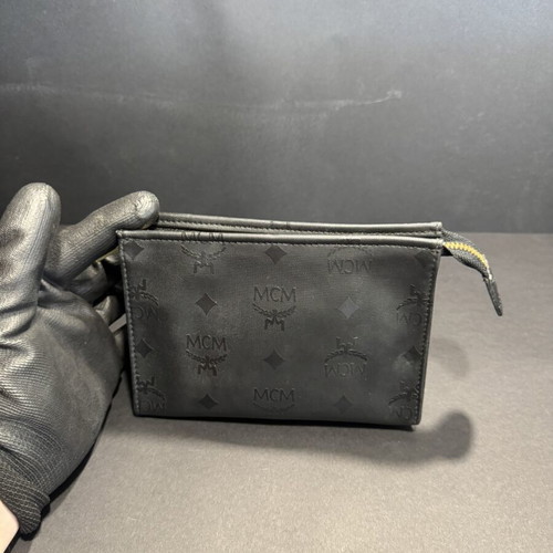 MCM Monogram Mini Toiletry Bag used, black with gold zipper