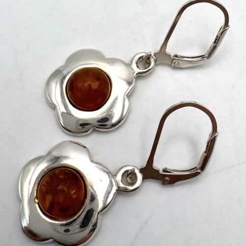 Vintage silver 925 earrings with natural amber floral design used