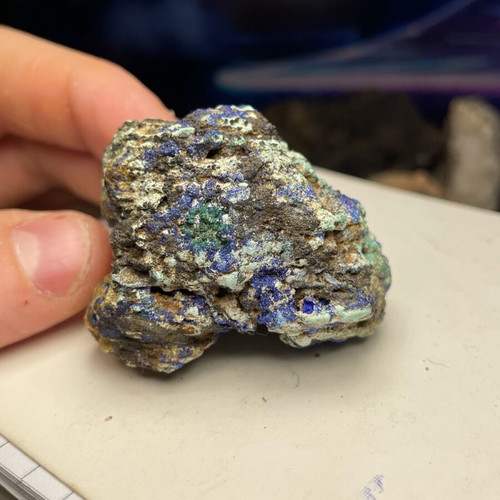 Mineral sample new from Lavrio with azurite, malachite, gypsum, goethite, limonite