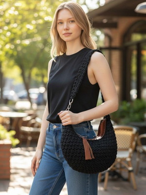 Handmade knitted shoulder bag new, large black straw