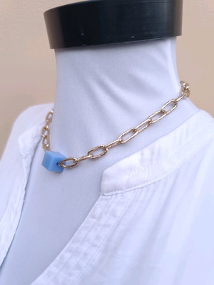 Gold chain necklace with blue cube pendant, handmade from scratch