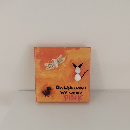 Handmade painting with natural stones and shells on small canvas