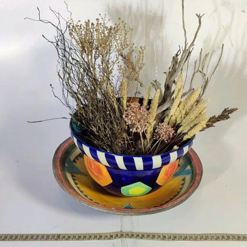 Mexican style ceramic plate and vase with plant composition used