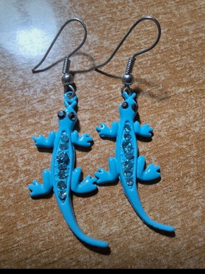 Lizard Earrings steel turquoise with rhinestones like new