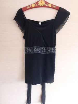 Black wrap blouse used, large with embroidery and back tie