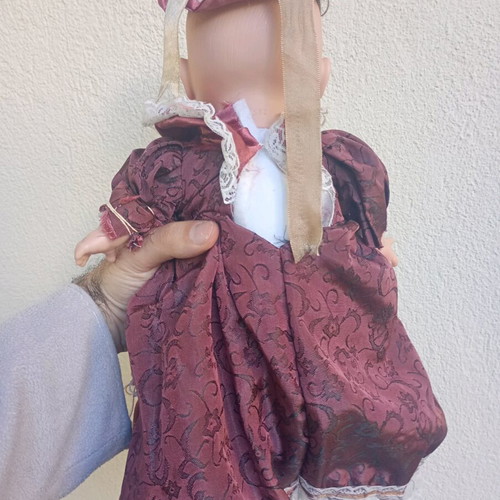 Doll with Victorian dress used, soft body, plastic head