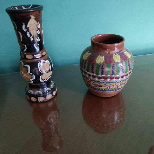 Vintage vases used, set of 2 handmade, carved and painted