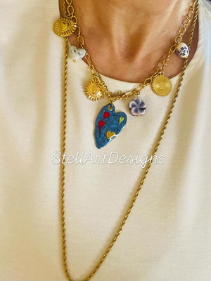Boho necklace with gold-plated heart and porcelain charms new