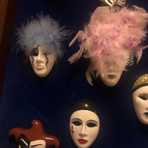 Venetian masks Greek collectible circle, 16 pieces with wooden display case