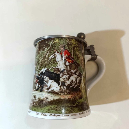 Kaiser porcelain beer mug with lid and hunting scene, new