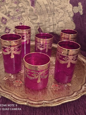 Italian red glasses with gold, collectible set of 6 pieces