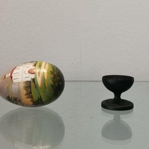 Russian egg used with hand-painted design and wooden base